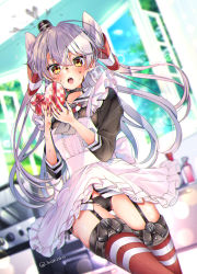 Rule 34 | 1girl, amatsukaze (kancolle), apron, bandaid, bandaid on hand, black panties, blurry, blurry background, box, brown dress, brown eyes, dress, garter straps, hair tubes, hat, heart-shaped box, highres, indoors, irokiiro, kantai collection, long hair, mini hat, open mouth, panties, pantyshot, red thighhighs, sailor dress, short dress, silver hair, solo, standing, striped clothes, striped thighhighs, thighhighs, two side up, underwear, valentine, white apron