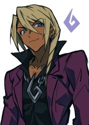 Rule 34 | 1boy, ace attorney, black shirt, blonde hair, blue eyes, chain, chain necklace, closed mouth, collarbone, collared shirt, commentary, dark-skinned male, dark skin, earrings, english commentary, grgrton, hair between eyes, highres, jacket, jewelry, klavier gavin, long hair, long sleeves, looking at viewer, male focus, necklace, purple jacket, shirt, simple background, smile, solo, upper body, white background