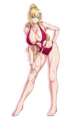 Rule 34 | 1girl, bare shoulders, bent over, blonde hair, blunt bangs, breasts, cleavage, clothing cutout, full body, green eyes, hair ornament, high ponytail, highleg, highres, large breasts, long hair, nail polish, navel, navel cutout, one-piece swimsuit, original, ozaneko, pink nails, red one-piece swimsuit, sidelocks, smile, solo, swimsuit, white background