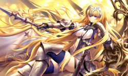 Rule 34 | 1girl, armor, armored dress, artist name, blonde hair, breasts, cleavage, fate/apocrypha, fate/grand order, fate (series), gauntlets, headpiece, jeanne d&#039;arc (fate), jeanne d&#039;arc (ruler) (fate), jeanne d&#039;arc (third ascension) (fate), kousaki rui, large breasts, long hair, polearm, signature, solo, spear, sword, thighhighs, underboob, very long hair, weapon