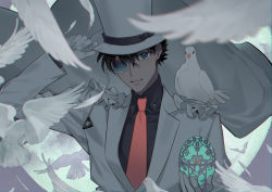 Rule 34 | 1boy, animal, animal on shoulder, arm up, bird, bird on shoulder, black shirt, blue eyes, brown hair, cape, closed mouth, collared shirt, commentary request, dove, dress shirt, falling feathers, feathers, flying, formal, full moon, gloves, hand on headwear, hat, holding, kaitou kid, kanamura ren, long sleeves, looking at viewer, magic kaito, male focus, monocle, monocle chain, moon, necktie, red necktie, shirt, short hair, solo, suit, top hat, upper body, white cape, white feathers, white gloves, white hat, white suit