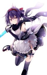 Rule 34 | 1girl, apron, arm guards, bad id, bad twitter id, bare shoulders, black scarf, black skirt, black thighhighs, blue hair, blush, bow, breasts, bridal garter, closed mouth, copyright request, dagger, dual wielding, elbow gloves, folded ponytail, gloves, grey gloves, hair bow, hairband, highres, holding, holding weapon, holster, hyurasan, knife, long hair, looking at viewer, maid apron, medium breasts, miniskirt, obi, partially fingerless gloves, red bow, red eyes, sash, scarf, shin guards, shirt, side slit, sidelocks, skirt, sleeveless, sleeveless shirt, solo, standing, standing on one leg, thigh holster, thighhighs, v-shaped eyebrows, weapon, white apron, white bow, white shirt