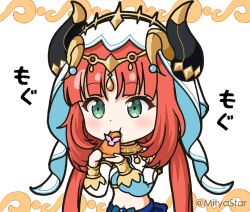 Rule 34 | 1girl, :t, blush, breasts, closed mouth, commentary request, crop top, eating, food, genshin impact, green eyes, headpiece, holding, holding food, horns, horns through headwear, long hair, long sleeves, looking away, low twintails, mitya, navel, nilou (genshin impact), puffy long sleeves, puffy sleeves, red hair, small breasts, solo, translation request, twintails, twitter username, upper body, veil, very long hair, white background