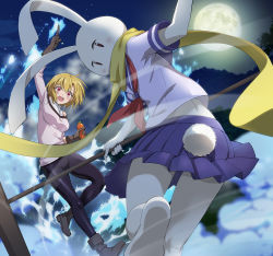Rule 34 | 1girl, 1other, animal ears, black pants, blonde hair, blue skirt, blush, boots, breasts, character request, frau (peach boy riverside), grey footwear, hair between eyes, holding, holding polearm, holding weapon, large breasts, long sleeves, looking back, monster, moon, neckerchief, night, night sky, nyoro (nyoronyoro000), official style, open mouth, other focus, pants, peach boy riverside, pleated skirt, pole, polearm, purple shirt, rabbit ears, rabbit tail, rake, red eyes, red neckerchief, sailor collar, saltorynne ardalake, scarf, shirt, short hair, skirt, sky, smile, solo, tail, thighs, tight clothes, tight pants, weapon, white shirt, yellow scarf