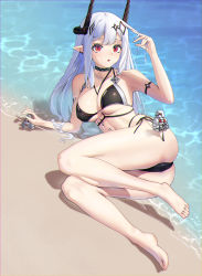 Rule 34 | 1girl, absurdres, arknights, armlet, armpits, ass, bare legs, bare shoulders, barefoot, beach, bikini, black bikini, breasts, cleavage, collar, collarbone, day, earrings, full body, geomiddang, grey hair, hand in own hair, highres, infection monitor (arknights), jewelry, large breasts, long hair, lying, material growth, mudrock (arknights), mudrock (silent night) (arknights), mudrock colossus (arknights), ocean, official alternate costume, on ground, on side, open mouth, oripathy lesion (arknights), parted lips, pointy ears, red eyes, solo, swimsuit, triangle mouth, underboob, very long hair, water