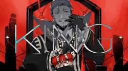 Rule 34 | 1boy, barbed wire, beard, biting, biting clothes, crown, english text, facial hair, fate/grand order, fate (series), glove biting, gloves, hair slicked back, king (vocaloid), male focus, mg 1016, mixed-language commentary, mustache, red background, red eyes, red theme, renaissance clothes, solo, vocaloid, wide sleeves, william shakespeare (fate)