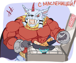 Rule 34 | absurdres, cooking, digimon, digimon (creature), highres, marsmon, muscular, muscular male, one eye closed, smile, solo, wink