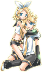 Rule 34 | 1boy, 1girl, blonde hair, blue eyes, brother and sister, detached sleeves, headphones, kagamine len, kagamine rin, midriff, shorts, siblings, twins, vocaloid