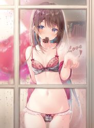 Rule 34 | 1girl, balloon, bare shoulders, bookshelf, bra, breasts, brown hair, candy, chocolate, chocolate heart, collarbone, condensation, cowboy shot, dew drop, food, frills, glass writing, gluteal fold, hair ornament, hairclip, heart, heart-shaped pupils, highres, jacket, lingerie, long hair, looking at viewer, miwabe sakura, mouth hold, navel, off shoulder, original, panties, red eyes, red jacket, small breasts, solo, stomach, symbol-shaped pupils, thighs, twitter username, underwear, very long hair, water drop, window, window fog