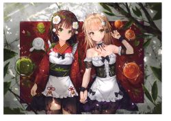 Rule 34 | 2girls, absurdres, ahoge, apron, bare shoulders, bell, blush, branch, breasts, brown hair, cleavage, closed mouth, day, detached collar, dress, fingernails, floral print, green eyes, hair ornament, highres, holding hands, interlocked fingers, japanese clothes, jingle bell, leaf, light brown hair, long hair, long sleeves, looking at viewer, lying, maid headdress, medium breasts, multiple girls, na kyo, obi, on back, original, outdoors, pantyhose, ribbon, ribbon trim, sash, scan, shadow, short dress, skirt, smile, thighs, waist apron, wide sleeves, wrist cuffs