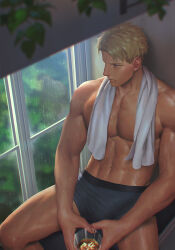 Rule 34 | 1boy, abs, alcohol, black male underwear, blonde hair, closed mouth, commentary, cup, highres, holding, holding cup, indoors, large pectorals, looking afar, male focus, male underwear, muscular, muscular male, navel, pectorals, penguin frontier, short hair, sitting, solo, spy x family, towel, towel around neck, twilight (spy x family), underwear