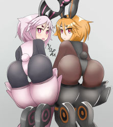 Rule 34 | 2girls, all fours, artist request, ass, bodysuit, boots, cameltoe, disgaea, from behind, highres, huge ass, leotard, multiple girls, open mouth, orange hair, pantyhose, pink eyes, pink hair, playboy bunny, rabbit ears, rabbit tail, red eyes, shiny clothes, short hair, smile, tail, thigh boots, usalia (disgaea)