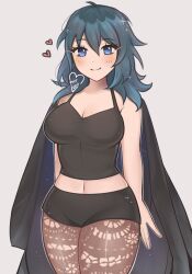 Rule 34 | 1girl, alternate costume, bare shoulders, black cape, black shorts, blue eyes, blue hair, breasts, byleth (female) (fire emblem), byleth (fire emblem), camisole, cape, cleavage, commentary, cowboy shot, crop top, fire emblem, fire emblem: three houses, grey background, heart, highres, large breasts, long hair, looking at viewer, midriff, navel, nintendo, pantyhose, pantyhose under shorts, purrlucii, short shorts, shorts, simple background, solo, spaghetti strap, standing, thighs