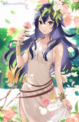 Rule 34 | 1girl, blue eyes, blue hair, blush, closed mouth, collarbone, commentary, dress, fire emblem, fire emblem awakening, fire emblem heroes, flower, hair between eyes, hair flower, hair ornament, haru (nakajou-28), highres, holding, holding flower, long hair, looking at viewer, lucina (fire emblem), lucina (valentine) (fire emblem), nintendo, official alternate costume, orange flower, petals, pink flower, sleeveless, sleeveless dress, smile, solo, symbol-only commentary, symbol-shaped pupils, twitter username, white dress, white flower
