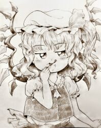 Rule 34 | 1girl, :q, ascot, back bow, bow, busujima tetoro, buttons, crystal, flandre scarlet, frilled shirt collar, frills, greyscale, hat, highres, medium hair, mob cap, monochrome, puffy short sleeves, puffy sleeves, shirt, short sleeves, simple background, solo, tongue, tongue out, touhou, traditional media, upper body, vest, wings