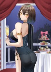 Rule 34 | 1girl, ahoge, armlet, ass, azur lane, baltimore (azur lane), baltimore (evening breeze minuet) (azur lane), black choker, black dress, braid, brown hair, champagne flute, choker, commentary, cowboy shot, cup, dress, drinking glass, highres, holding, holding cup, konparu uran, looking at viewer, official alternate costume, short hair, side slit, single-shoulder dress, single bare shoulder, solo, standing, tiered tray, yellow eyes