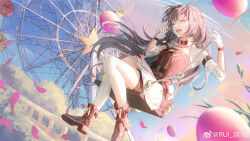 Rule 34 | 1girl, :d, ^ ^, absurdres, ankle boots, balloon, belt, belt buckle, belt pouch, black hair, boots, brown belt, buckle, bush, closed eyes, cloud, day, detached collar, dress, falling petals, ferris wheel, full body, gloves, hair between eyes, hair ribbon, happy, heroine (lovebrush chronicles), highres, jewelry, long hair, lovebrush chronicles, official alternate costume, open mouth, pendant, petals, pouch, ran 78, red dress, red footwear, red ribbon, ribbon, sitting, sleeve garter, sleeves rolled up, smile, solo, star (symbol), swing, thigh strap, tress ribbon, weibo logo, weibo watermark, white dress, white gloves