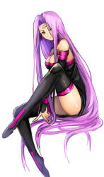 Rule 34 | 1girl, absurdly long hair, between legs, black dress, black sleeves, breasts, brown eyes, cleavage, detached sleeves, dress, facial mark, fate/stay night, fate (series), full body, hair intakes, hand between legs, invisible chair, large breasts, long hair, long sleeves, looking at viewer, medusa (fate), medusa (rider) (fate), purple hair, shida (xwheel), shiny clothes, shiny skin, short dress, simple background, sitting, sleeveless, sleeveless dress, solo, strapless, strapless dress, tube dress, very long hair, white background
