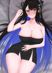 Rule 34 | 1girl, absurdres, bare arms, bare legs, bare shoulders, bed sheet, black hair, black horns, blue hair, blush, breasts, cleavage, collarbone, colored inner hair, curvy, dress, grin, hair ornament, highres, hololive, hololive english, horns, large breasts, long hair, looking at viewer, lying, multicolored hair, nerissa ravencroft, on back, parted lips, pillow, red eyes, short dress, smile, solo, strapless, strapless dress, sweat, tassel, tassel hair ornament, two-tone hair, very long hair, virtual youtuber, wennananyan