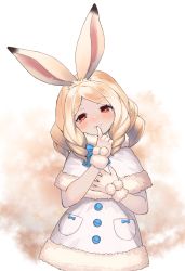Rule 34 | 10s, 1girl, :3, animal ears, arctic hare (kemono friends), blush, bow, buttons, choir (artist), coat, commentary request, drill hair, elbow gloves, finger to mouth, fur trim, gloves, head tilt, highres, kemono friends, long hair, rabbit ears, red eyes, shawl, solo, white hair, winter clothes