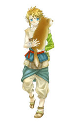 Rule 34 | 1boy, blonde hair, blue eyes, carrying, dog, full body, link, male focus, nintendo, pointy ears, rito (kinokosoup), sandals, simple background, smile, solo, the legend of zelda, the legend of zelda: twilight princess, upright, white background