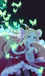 Rule 34 | 1girl, :o, beatrice (re:zero), blonde hair, bug, butterfly, butterfly-shaped pupils, capelet, crown, crying, crying with eyes open, dress, drill hair, frilled dress, frills, fur-trimmed capelet, fur trim, hair ornament, highres, insect, long hair, long sleeves, mini crown, open mouth, pantyhose, parupin, re:zero kara hajimeru isekai seikatsu, ribbon, solo, symbol-shaped pupils, tears, twin drills, wide sleeves
