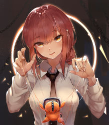 Rule 34 | 1girl, absurdres, barrier mao, black necktie, blush, braid, braided ponytail, breasts, chain, chainsaw man, circle, collared shirt, commentary, dress shirt, hair between eyes, head tilt, highres, long sleeves, looking at viewer, makima (chainsaw man), medium breasts, medium hair, necktie, parted lips, pochita (chainsaw man), polka dot, polka dot background, puppet strings, red hair, ringed eyes, shirt, sidelocks, smile, solo, string, upper body, white shirt, wing collar, yellow eyes