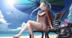 Rule 34 | 1girl, azur lane, beach, bikini, bikini top only, bird, black bikini, blue sky, bottomless, bow, cloud, cloudy sky, crazy straw, crossed legs, cup, day, drinking glass, drinking straw, epaulettes, grey hair, hair between eyes, hair bow, heart, highres, holding, holding cup, holding drinking glass, jacket, jacket on shoulders, lens flare, long hair, ocean, open mouth, outdoors, prinz eugen (azur lane), red bow, red eyes, seagull, sitting, sky, solo, swimsuit, thigh strap, tropical drink, tsurime, turret, two side up, umbrella, very long hair, wangchuan de quanyan