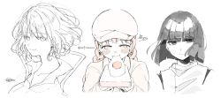 Rule 34 | 1boy, 2girls, :t, blunt bangs, blush, bread, bread slice, cabbie hat, character request, closed mouth, collarbone, collared shirt, commentary request, copyright request, cropped torso, earrings, eating, egg (food), food, fried egg, hair between eyes, haku (sen to chihiro no kamikakushi), hat, highres, holding, holding food, jacket, jewelry, long hair, looking at viewer, monochrome, multiple girls, nose blush, open clothes, open jacket, pendant, sen to chihiro no kamikakushi, shirt, short hair, signature, simple background, smile, sofra, traditional media, twitter username, white background