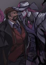 Rule 34 | 2boys, algaebog, bara, beard, character request, check character, chest hair, coat, collared shirt, costume request, dark persona, eye contact, facial hair, feet out of frame, fiery hair, goatee, graves (league of legends), hair slicked back, highres, kabedon, large pectorals, league of legends, leather, looking at another, male focus, mature male, multiple boys, pectorals, pink hair, shirt, short hair, thick eyebrows, thick mustache, twisted fate, yaoi