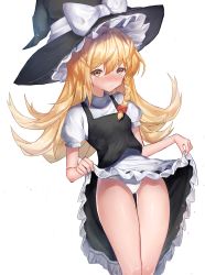 Rule 34 | 1girl, apron, black hat, black skirt, black vest, blonde hair, blush, braid, closed mouth, clothes lift, dress, feet out of frame, frilled apron, frilled skirt, frills, frown, hair between eyes, hat, hat ribbon, highres, kirisame marisa, large hat, leste (humansequencer), lifted by self, long hair, looking at viewer, nose blush, panties, puffy short sleeves, puffy sleeves, ribbon, shirt, short sleeves, simple background, single braid, skirt, skirt lift, skirt set, solo, touhou, underwear, very long hair, vest, waist apron, white background, white panties, white ribbon, white shirt, witch hat, yellow eyes
