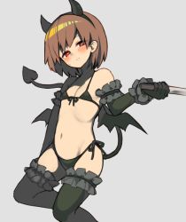 Rule 34 | 1girl, androgynous, bad id, bad pixiv id, blush, brown hair, chara (undertale), commentary request, demon horns, demon tail, demon wings, horns, knife, looking at viewer, navel, open mouth, oshiruko (tsume), red eyes, short hair, simple background, solo, swimsuit, tail, thighhighs, undertale, wings
