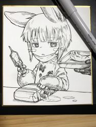 Rule 34 | 1other, animal ears, art tools in frame, bob cut, container, furry, greyscale, hatching (texture), highres, holding, holding syringe, holding tray, horizontal pupils, inverted bob, linear hatching, liquid, long sleeves, made in abyss, mask, mask pull, monochrome, mouth mask, nanachi (made in abyss), other focus, out of frame, photo (medium), puddle, severed arm, severed limb, shikishi, short hair, sideways glance, solo focus, spill, stain, surgical mask, syringe, traditional media, tray, tsumiki yuu, upper body, whiskers, x
