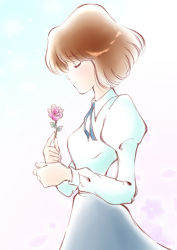 Rule 34 | 1girl, brown hair, castle of cagliostro, clarisse de cagliostro, closed eyes, cowboy shot, flower, from side, gradient background, highres, juliet sleeves, long sleeves, lupin iii, neck ribbon, neconotama, pink flower, pink rose, puffy sleeves, ribbon, rose, shirt, short hair, simple background, skirt, solo, standing, white shirt