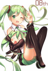 Rule 34 | 2girls, chibi, detached sleeves, green eyes, green hair, hachune miku, hatsune miku, hiroshiko (restart), long hair, multiple girls, nail polish, necktie, one eye closed, open mouth, simple background, sitting, skirt, spring onion, thighhighs, twintails, very long hair, vocaloid, white background