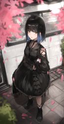 Rule 34 | 1girl, absurdres, ankle boots, black dress, black footwear, black hair, black nails, blue hair, blurry, blurry foreground, blush, boots, breasts, brown eyes, clothing cutout, collarbone, commentary, dress, full body, gradient hair, hand on own hip, high heel boots, high heels, highres, huge filesize, irene (kanniiepan), kanniiepan, lolita fashion, long sleeves, mole, mole under eye, multicolored hair, nail polish, original, parted lips, petals, short hair, shoulder cutout, sideways glance, solo, standing