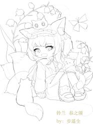 Rule 34 | 1girl, animal ear fluff, animal ears, arknights, bu yaochen (lonepassenger), bug, butterfly, cat, chibi, crossover, flower, fox ears, fox girl, fox tail, greyscale, heixiu, insect, knees up, lily of the valley, lineart, long sleeves, luo xiaohei zhanji, monochrome, multiple tails, name connection, object namesake, official alternate costume, open mouth, sitting, suzuran (arknights), suzuran (spring praise) (arknights), tail