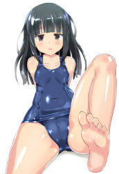 Rule 34 | 1girl, barefoot, black hair, blush, brown eyes, feet, foot focus, long hair, looking at viewer, naka (cheeseyeast), original, school swimsuit, shiny clothes, shiny skin, simple background, sitting, soles, solo, swimsuit, toes