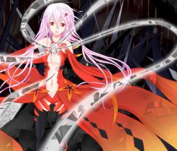 Rule 34 | 10s, 1girl, bad id, bad pixiv id, bare shoulders, black legwear, breasts, center opening, chro-kyi, cleavage, detached sleeves, elbow gloves, fingerless gloves, gloves, guilty crown, hair ornament, highres, long hair, looking at viewer, navel, open mouth, pink hair, red eyes, smile, solo, twintails, yuzuriha inori