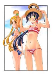 Rule 34 | 2girls, adjusting clothes, adjusting headwear, adjusting swimsuit, animal, animal on head, ass, bikini, bird, black border, black hair, blonde hair, blue bikini, blue sky, border, breasts, brown headwear, butt crack, closed mouth, cloud, cloudy sky, commentary request, day, gluteal fold, green eyes, groin, hair ribbon, hat, highres, kusano kouichi, long hair, looking at viewer, looking back, multiple girls, navel, on head, open mouth, original, outdoors, outside border, penguin, ponytail, red bikini, red ribbon, ribbon, skindentation, sky, small breasts, smile, standing, straw hat, striped bikini, striped clothes, swimsuit, twintails, weasel, yellow eyes