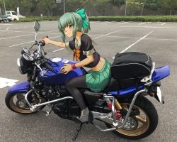 Rule 34 | 1girl, akito (sub707), black footwear, black pantyhose, bow, brown eyes, from side, green bow, green hair, green skirt, hair bow, high heels, highres, honda, kantai collection, looking at viewer, looking to the side, motor vehicle, motorcycle, pantyhose, photo background, pleated skirt, ponytail, real life, sailor collar, school uniform, serafuku, short sleeves, skirt, smile, solo, vehicle request, white sailor collar, yuubari (kancolle)