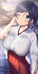 Rule 34 | 1girl, aqua eyes, blurry, breasts, character name, covered erect nipples, depth of field, from above, hakama, hakama short skirt, hakama skirt, hand on own cheek, hand on own face, highres, japanese clothes, kazepana, kimono, large breasts, long hair, love live!, love live! school idol project, low twintails, miko, nipples, no bra, one eye closed, parted bangs, purple hair, red hakama, see-through, skirt, smile, solo, tojo nozomi, twintails, wet, wet hair, white kimono, wide sleeves