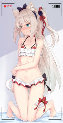 Rule 34 | 1girl, animal ear fluff, animal ears, azur lane, bikini, black bow, blue eyes, blush, bow, cat ears, cat girl, cat hair ornament, cat tail, choker, embarrassed, flat chest, frilled bikini, frills, green eyes, hair ornament, hair ribbon, hammann (azur lane), hammann (rebellious summer) (azur lane), highres, holding own arm, kneeling, long hair, looking away, looking to the side, navel, platinum blonde hair, pout, recording, red choker, ribbon, shiny skin, solo, sweatdrop, swimsuit, tail, twintails, viewfinder, white hair, yamasan