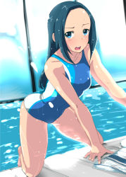 Rule 34 | 10s, 1girl, bad id, bad nijie id, blue eyes, blue hair, breasts, competition swimsuit, long hair, looking at viewer, matching hair/eyes, mizusawa aoi, monster strike, one-piece swimsuit, open mouth, pool, smile, solo, soo, swimsuit, towel, water, wet