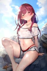Rule 34 | 1girl, bare shoulders, bikini, bikini under clothes, blush, breasts, cleavage, enomoto nao, heterochromia, highres, hololive, houshou marine, houshou marine (summer), jewelry, large breasts, long hair, looking at viewer, red bikini, red eyes, red hair, see-through, short shorts, shorts, solo, summer, swimsuit, thighs, virtual youtuber, wet, wet clothes, yellow eyes