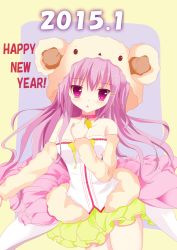 Rule 34 | 10s, 1girl, 2015, animal costume, artist request, bare shoulders, bell, neck bell, collar, detached sleeves, frilled skirt, frills, hair ornament, hairclip, hand on own chest, happy new year, highres, long hair, looking at viewer, new year, original, purple eyes, purple hair, sheep costume, skirt, solo, triangle mouth