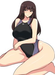 Rule 34 | 1girl, bare shoulders, breasts, brown eyes, brown hair, competition swimsuit, emblem, girls und panzer, hifumi hajime, highres, long hair, mature female, nishizumi shiho, one-piece swimsuit, school swimsuit, sitting, solo, swimsuit, thighs, wariza, white background