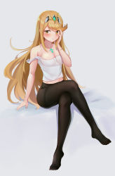 Rule 34 | 1girl, bare shoulders, blonde hair, blush, breasts, casual, cleavage, embarrassed, gem, hair ornament, headpiece, highres, jewelry, kiiro kimi, large breasts, long hair, looking at viewer, mythra (massive melee) (xenoblade), mythra (xenoblade), nintendo, pantyhose, shirt, shy, swept bangs, thighs, tiara, tsundere, very long hair, white shirt, xenoblade chronicles (series), xenoblade chronicles 2, yellow eyes