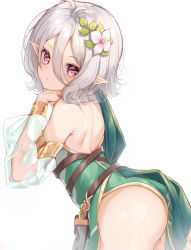 Rule 34 | 1girl, absurdres, akinatsu meguru, ass, asymmetrical clothes, bad id, bad pixiv id, bare shoulders, blush, closed mouth, cowboy shot, detached sleeves, dress, elf, flower, from behind, green dress, hair between eyes, hair flower, hair ornament, highres, kokkoro (princess connect!), leaf, leaning forward, long sleeves, looking at viewer, looking back, pointy ears, princess connect!, purple eyes, see-through, shoulder blades, silver hair, simple background, single bare shoulder, solo, white background, white flower