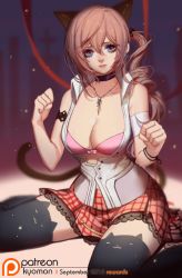 Rule 34 | 10s, 1girl, animal ears, armband, bra, breasts, cat ears, cat tail, cleavage, final fantasy, final fantasy xiii, huge breasts, jewelry, looking at viewer, necklace, open clothes, open shirt, paw pose, pink hair, serah farron, shirt, side ponytail, sitting, skirt, solo, songjikyo, tail, thighhighs, underwear, wariza